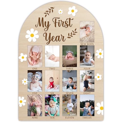 Daisy My First Year Photo Board Frame, 12 Monthly Baby Milestone Wooden Sign, Gender Neutral Nursery Decor for Girl Boy, Baby Keepsake Gifts for 1st Daisy Birthday Decorations-A02 - color: Daisy 1