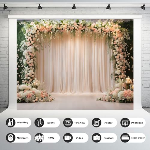 7x5ft Wedding Ceremony Backdrop, Luxury Elegant Style Wedding Backdrops, Party Arch Design, Decorated with Pink White Flowers Banner Props - size: 7x5ft
