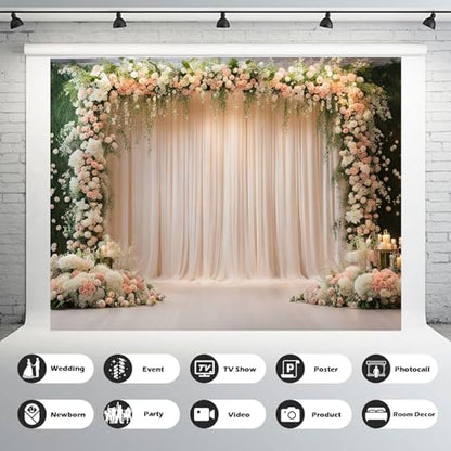 7x5ft Wedding Ceremony Backdrop, Luxury Elegant Style Wedding Backdrops, Party Arch Design, Decorated with Pink White Flowers Banner Props - size: 7x5ft