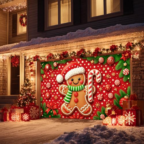 HOMETITUTE Christmas Garage Door Cover 13x6ft Gingerbread Man Banner Candy Cane Bells Stars Holiday Backdrop Red White Dot Background Gift Boxes Green Pine Branches Outdoor Indoor Seasonal - color: Garage Banner#8
