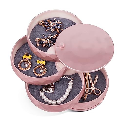 CONBOLA Travel Jewelry Case Box, Small Jewelry Organizer Earring Holder for Women, 5-Layer Rotating Jewelry Storage Tray with Lid for Bracelets Rings Bracelets - color: rose