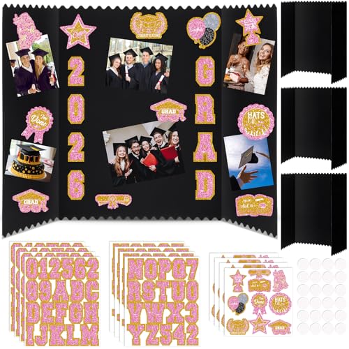 AmazingSpark 2 Sets 40 x 28 Large Trifold Poster Board for Graduation Photo Display Board with 12 Grad Themed Stickers for 2026 Presentation Party Decor Event Collage Frame Supplies (Pink Gold) - color: Pink Gold, size: 24 x 16"