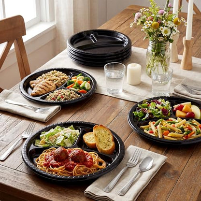 Umigy 100 Pcs 10 Inch 3 Compartments Divided Plastic Plates Bulk Colorful Disposable Heavy Duty Round Dinnerware for Valentine Wedding Birthday Party (Black) - color: Black