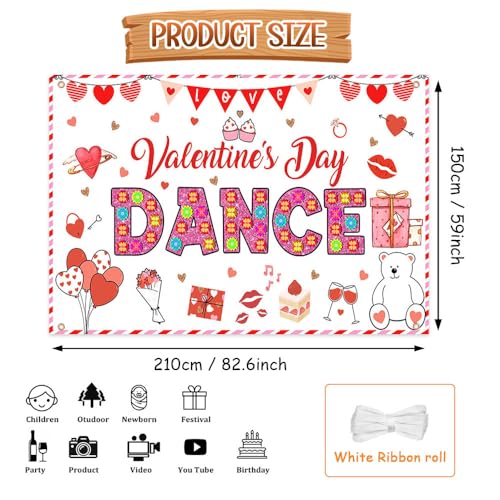 AIBIIN Valentines Day Backdrop Happy Valentine's Day Dance Party Banner Decorations Red Heart Valentines Day Party Decor Backdrops for Photography 7x5ft - color: White, size: 84 x 60inch