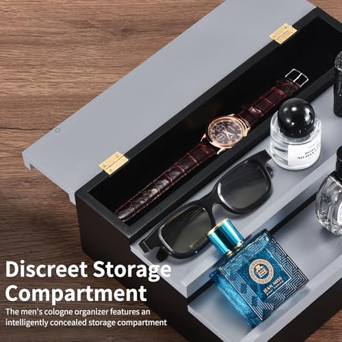 Perfume Organizer for Men, 3 Tier Wood Perfume Display Stand with Velvet Lining Drawer and Hidden Compartment for Watch,Jewelry,Perfume Display Risers,A Gift for Men (Black+Gray) - style: 3 Tier - BlackGrey