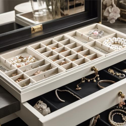 Highergo 8 Pcs Velvet Jewelry Trays Stackable Drawers Organizer Ring Earring Bracelet Necklace Storage Trays, 8.3x4.7x1''(18 Grids) - style: 18 Grids