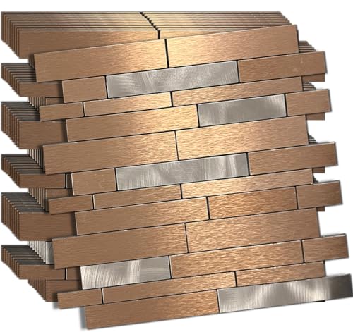 10 Sheets Peel and Stick Backsplash Tile for Kitchen, Self-Adhesive Mosaic Tile, Stick on Bathroom Vanities，Fireplace Décor, Laundry Table (Brushed Bronze+Frosted Silver) - color: Brushed bronze+Frosted silver
