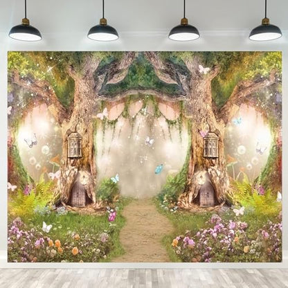 Enchanted Forest Backdrop Fairytale Fairy Photography Background Birthday Party Decoration for Girls Photo Booth Props 7x5ft - size: 7x5ft