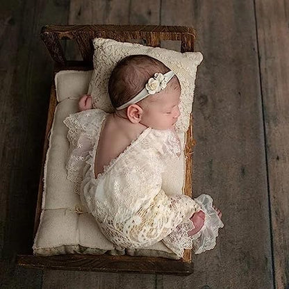Baby Photography Props Outfit Lace Rompers Newborn Girl Photo Shoot Outfits Flower Headband Princess Costume - color: Beige a