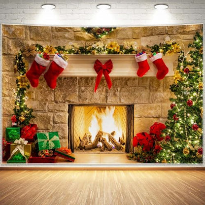 12x8ft Christmas Fireplace Theme Backdrop for Photography Soft Wrinkle Free Fabric Tree Sock Decorations for Xmas Party Supplies Photo Background Pictures Banner Studio Decor Booth Props - size: 12ft by 8ft
