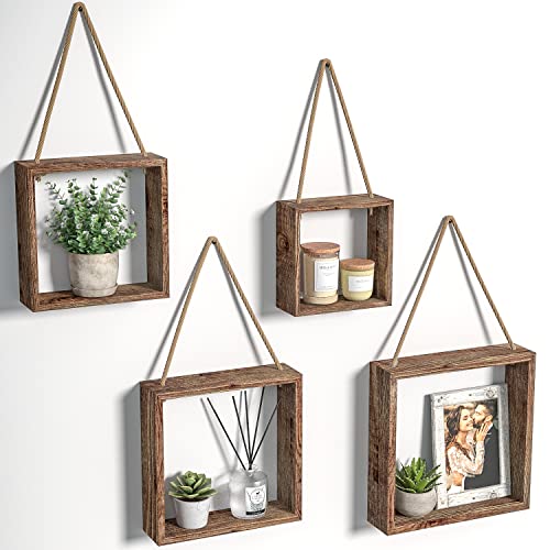 J JACKCUBE DESIGN Floating Hanging Square Shelves Wall Mounted Rustic Wood Cube Display Shelf Shadow Boxes Decorative Boho Home Décor for Living Room, Bedroom, Office, Set of 4 (Brown) - MK571B - color: Brown