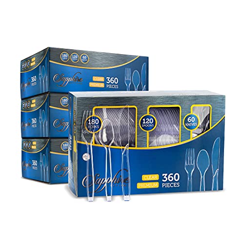 PARTY BARGAINS Disposable Cutlery Set 1440-Piece – Sapphire Settings Clear Plastic Forks Spoons Knives – Heavy-Duty Utensils for Parties Catering Weddings & Events – BPA Free - color: A Sapphire, size: 1440 Pieces