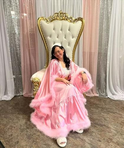 Feather Silk Satin Bridal Robe Long Wedding Scarf Illusion Bathrobe Sleepwear for Women Sexy Lingerie Nightgown - color: Blush Pink, size: Small-Medium
