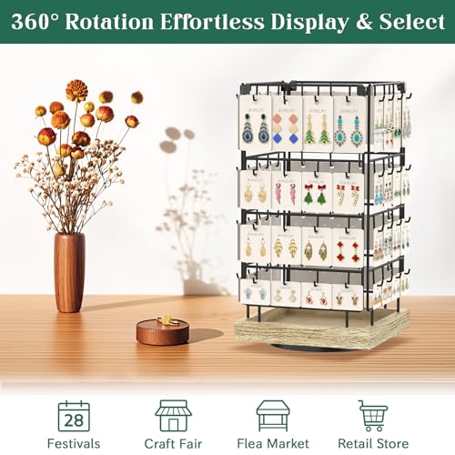 EsLuker.ly Rotating Earring Display Holder Stand for Vendors Events Selling, Large Capacity 64 Hooks Jewelry Rack with Wooden Base for Earring Card Sales, Enhances Retail Display Visibility - color: Oak+Black