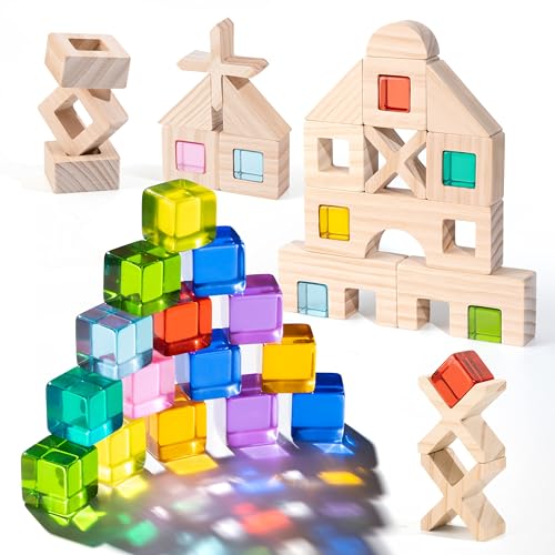 Woodtoe Wooden Rainbow Building Blocks Set for Toddlers, 22 PCS Wooden Blocks & 25 PCS Gem Cubes Stacking Blocks, Montessori Stacking Toys, Educational STEM Birthday Toys Gifts for Kid Boy Girl 3-6 - style: Rainbow Building Blocks Set