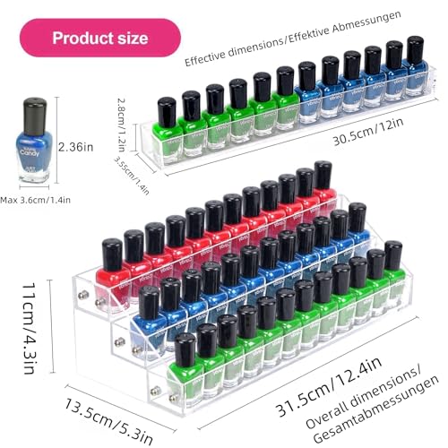 Acrylic Nail Polish Organizer Rack, 3 Tier Paint rack and Storage Shelf, Clear Display Stand for Tattoo Inks, Sunglasses, Essential Oils, Gel Nail Polish - Holds 36 Bottles - size: 3 Tiers