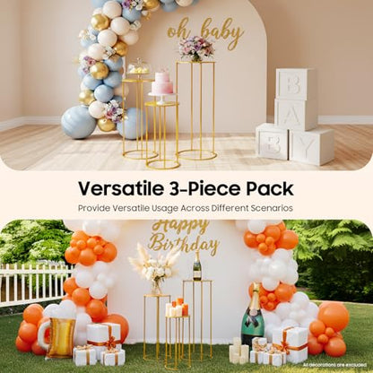 Cylinder Stands for Party, 3Pcs Gold Round Pedestal Stand, Metal Cake Stands for Birthday Party Wedding Baby Shower Decor