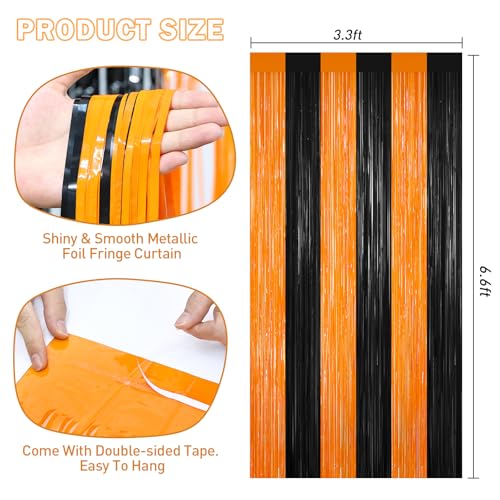 Black and Orange Tinsel Backdrop Foil Fringe Curtains - 2 Packs Door Streamers Backdrop for Birthday Door Decorations, Party Supplies for Bachelorette, Halloween, Christmas, Disco Decor - color: Black and Orange