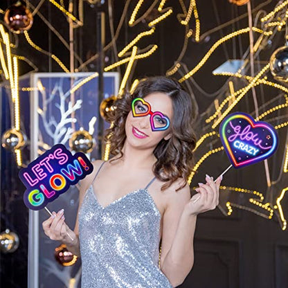 Qpout 25 Pieces Glow Party Photo Props, Neon Party Photo Booth Props, Fluorescent Selfie Props, Glow in The Dark Party Photo Props Posing Props Bar Decoration