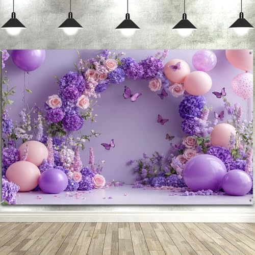7x5ft Purple Floral Backdrop Lavender Dreamscape Arch Backdrops Flowers Butterfly Balloons Photography Background for Weeding Bridal Birthday Party Baby Shower Backdrop Banner Photo Shoot Props - color: Purple Pink-01, size: 7X5FT
