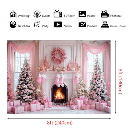 AIBIIN 8x6ft Pink Christmas Backdrop Pink Christmas Tree Fireplace Photography Background Winter Snow Scene Birthday Baby Shower Vinyl Photo Studio Props - color: Fireplace, size: 8x6ft