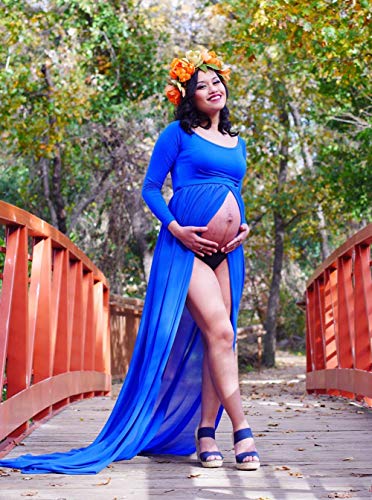 ZIUMUDY Maternity Maxi Chiffon Photography Dress Split Front Gown for Photoshoot - color: Blue