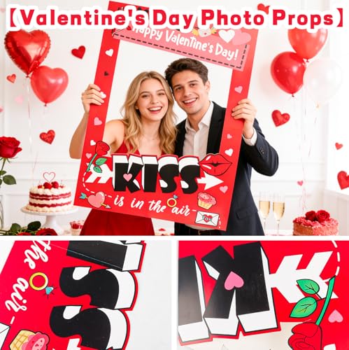 Valentine's Day Photo Booth Frame - Red Pink Kiss is in The Air Funny Paper Photo-Props Background Photography, Romantic Valentine's Day Party Supplies for Couples, Galentine's & Date Night - color: Valentine Party Photobooth Props