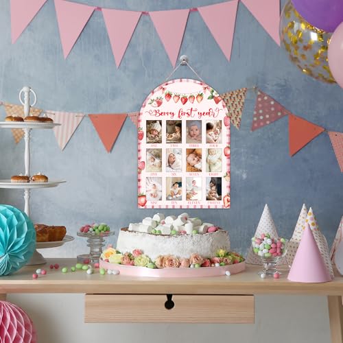 Berry My First Year Photo Board, Pink Strawberry Baby Milestone Signs for Girls Boys Nursery Decor, 12 Month Wooden Picture Board for 2x3 Photos, Best Babies Keepsake Gifts-A15 - color: Strawberry 1