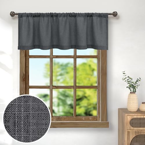 Pitalk Dark Grey Valance for Window - 18 Inch Length, Light Filtering Sheer Linen Cotton Kitchen Valance for Bathroom, Living Room, Bedroom, Small Window Curtain - Farmhouse, Charcoal Gray - color: Dark Grey