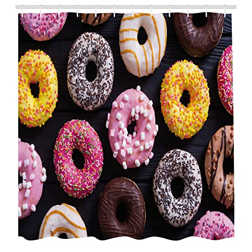 Ambesonne Donut Shower Curtain, Top Scene of Creamy Chocolate Colorful Doughnuts Cooking Art Print, Cloth Fabric Bathroom Decor Set with Hooks, 69" W x 70" L, Pale Fuchsia and Mustard - color: Pale Fuchsia and Mustard, size: 69" W x 70" L