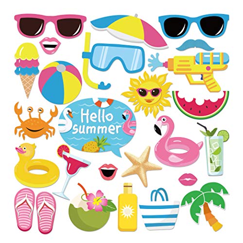 Summer Photo Booth Props(25CT),Pool,Hawaiian,Beach,Luau Photo Booth Props,Tropical Themed Party with Stick for Summer/Pool/Tiki/Tropical/Hawaiian Party Supplies