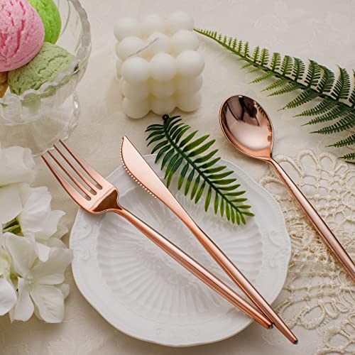 SUT 150Pcs Rose Gold Plastic Silverware, Disposable Cutlery Set, Heavy Duty Plastic Flatware Set，Disposable Rose Gold Utensils Include 50 Forks,50 Spoons, 50 Knives Perfect for Party - style: Rose gold