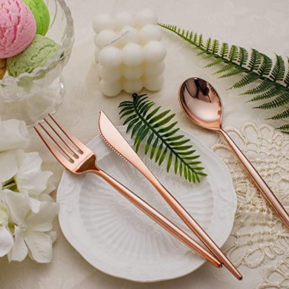 SUT 150Pcs Rose Gold Plastic Silverware, Disposable Cutlery Set, Heavy Duty Plastic Flatware Set，Disposable Rose Gold Utensils Include 50 Forks,50 Spoons, 50 Knives Perfect for Party - style: Rose gold
