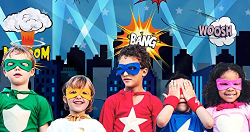 Superheroes Theme Party Photography Backdrop with Props. Super Hero Cityscape Photo Booth Background for Kids Party, Birthday Wall Decorations - size: 4*5.5 Feet