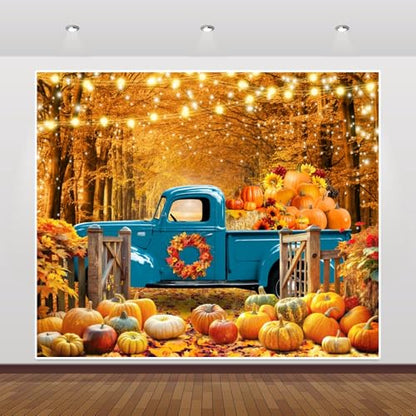 Fall Thanksgiving Backdrop Banner Decorations 10x8ft Autumn Forest Backdrop Pumpkin Harvest Truck Hay Sunflower Photography Background Kids Adults Family Friendsgiving Party Portrait Photo Props