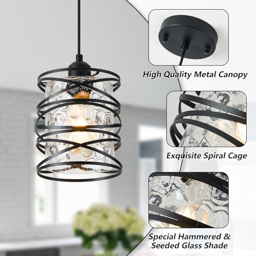 Hammered Glass Pendant Light, Black Metal Spiral Cage Hanging Lamp, Adjustable Height Modern Hanging Light Fixture for Kitchen Island, Dining Room, Living Room, Hallway, Entryway - color: 1-Pack Hammered Glass 6.30in