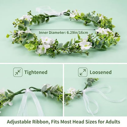 UPSTORE Bohemian Bridal Flower Crown Eucalyptus Leaf Headband with Ribbon Boho Floral Headpices Hair Accessories for Women Girls Wedding Festival Birthday Photo Prop