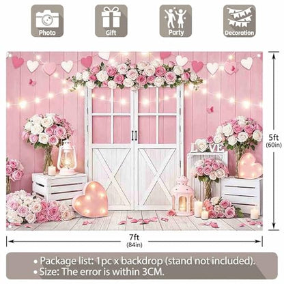 Fabric 7x5ft Valentine's Day Photography Backdrop Pink Rose Wood Door Flowers Love Heart Lights Background Wedding Bridal Mother’s Day Party Decorations Photo Props