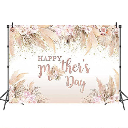 Mocsicka 7x5ft Mothers Day Backdrop Banner Boho Happy Mother's Day Photo Background Party Decorations Pampas Grass Thanks Mom Mother Day Decorations Banner Photo Booth Props - size: 7x5ft