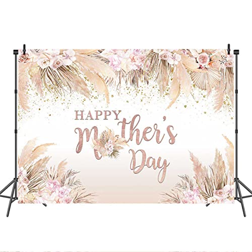 Mocsicka Happy Mother's Day Backdrop Boho Chic Pink Flowers Mothers Day Birthday Background for Women Bohemian Pampas Grass Mom's Day Party Cake Table Decorations Photo Booth (8x6ft) - size: 8x6ft