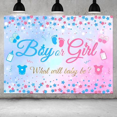 10x8 FT Gender Reveal Boy Or Girl Photo Backdrop He Or She What Will Baby Be Blue Pink Footprints Glitter Dots Star Party Decorations Photography Background Polyester - size: 10x8 FT