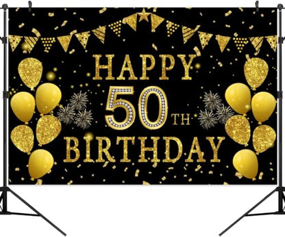 5x3ft Happy 50th Birthday Party Photography Backdrop, Glitter Black and Gold Balloons Background for Woman Man Fabulous 50 Bday Shining Diamond Fifty Years Old Birthday Party Supplies - color: 50th, size: 5x3ft