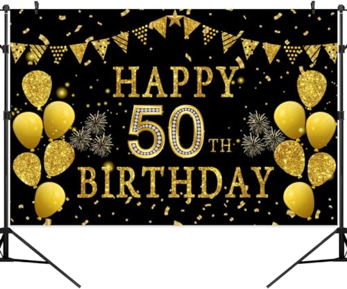 5x3ft Happy 50th Birthday Party Photography Backdrop, Glitter Black and Gold Balloons Background for Woman Man Fabulous 50 Bday Shining Diamond Fifty Years Old Birthday Party Supplies - color: 50th, size: 5x3ft