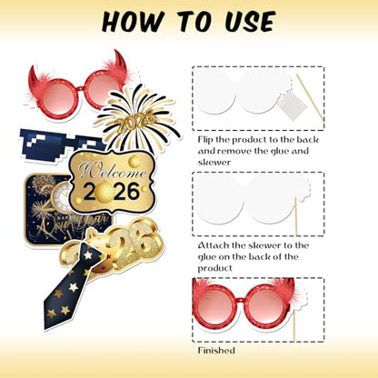 20 Pcs 2026 Happy New Year Photo Booth Props Kit, New Year Themed Party Selfie Decorations, Winter Festival Christmas Party Photography Supplies