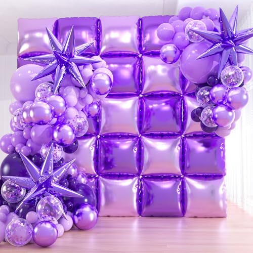 25+149pcs Double-Sided Purple Balloon Wall Kit - 25 Dark/Light Purple Foil Square Balloons 146 Metallic Lavender Purple Latex Balloon Garland & Star Balloons for Wedding, Birthday Backdrop - color: Purple