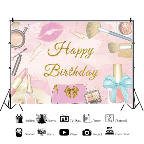 12x8ft Spa Happy Birthday Backdrop Pink Cosmetics Make Up Photography Background Girls Princess Sweet 16 Birthday Party Banner Decoration Supplies Photo Booth Props - size: 12x8ft