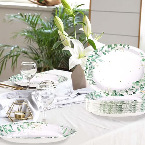 50Pcs Sage Green Oval Paper Plates 10" x 12" Large Disposable Heavy Duty Watercolor Eucalyptus Paper Platters Sage Floral Green Leaves Dessert Plates for Baby Shower Picnic Wedding Dinner Supplies - style: 50Pcs Spring Eucalyptus Oval Plates