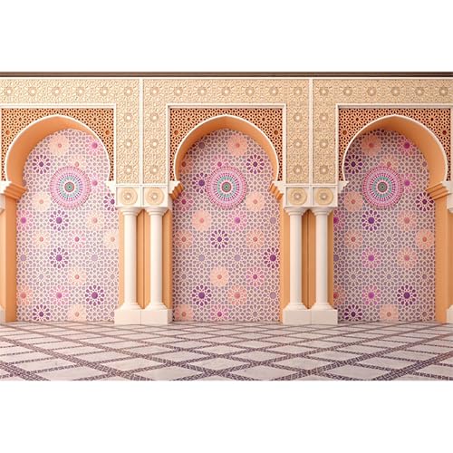 5x3ft Vinyl Moroccan Palace Backdrops for Photoshoot Orange Vintage Mandala Column and Arch Middle Eastern Style Photography Background Moroccan Birthday Wedding Party Decorations Photo - color: pink, size: 5x3ft