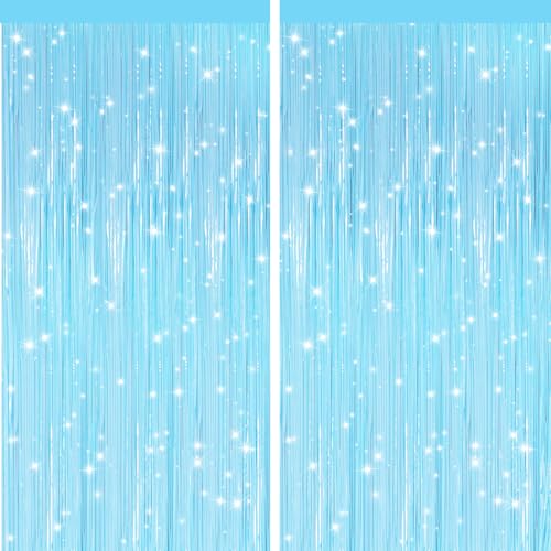 GCB 2Pack Macaron Blue Metallic Tinsel Foil Fringe Curtains, Pastel Blue Door Streamers Photo Booth Backdrop for Birthday Party, Tinsel Curtain Backdrop for Baby Shower Bachelorette Party Decorations - color: Macaron Blue