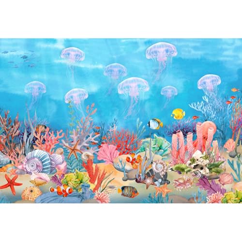 deFouliao Under The Sea Backdrop Colorful Ocean Underwater Coral Starfish Jellyfish Conch Background for Baby Shower Birthday Party Decorations Photo Banner Props, 8x6ft - color: Light Blue, size: 8x6ft